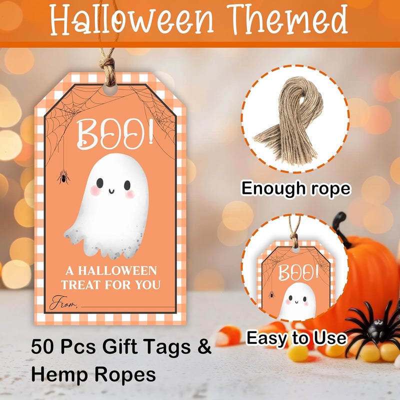 HandEasy 50 Pcs Halloween Tags with String, 2.1"×3.5" Boo Paper Gifts Tags, Ghost Trick or Treat for Candy, Halloween Gifts Tag Wrap for Party Favor - B08 - Image 2